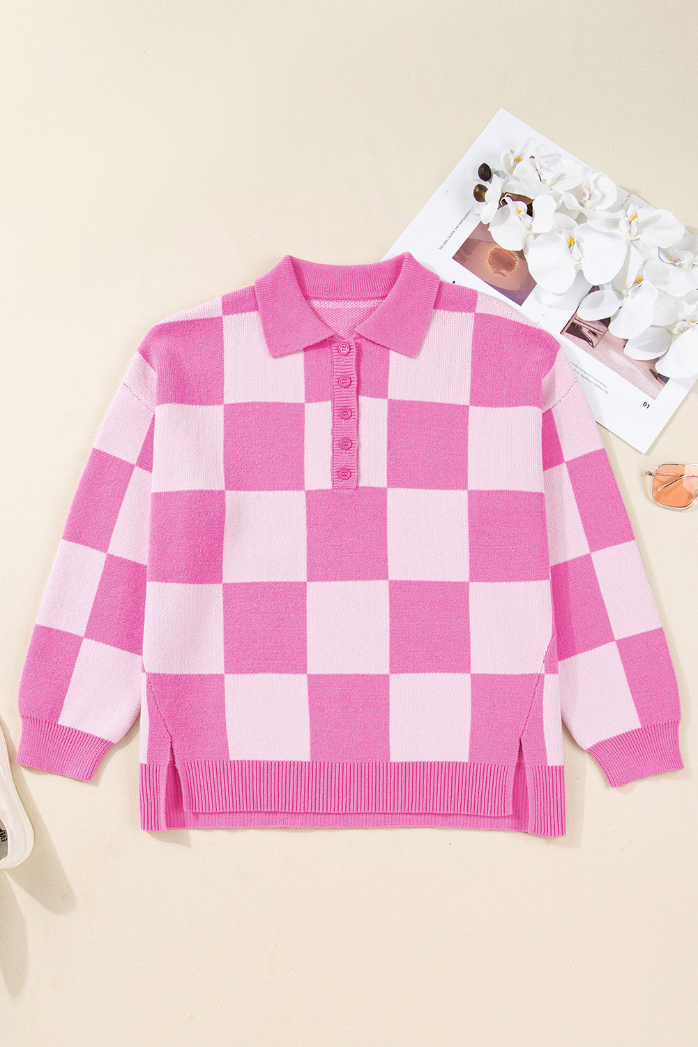 Pink Plus Size Checkered Collared Half Button Sweater Dear-Lover Dropshipping